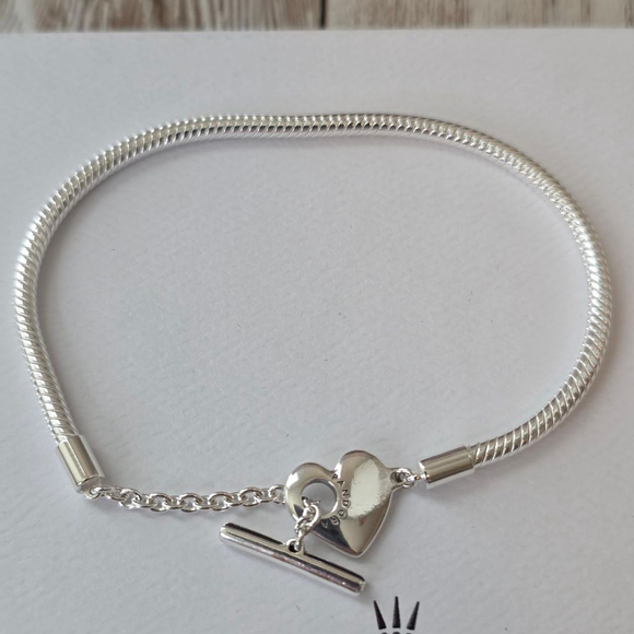 Pandora Silver Snake Chain Heart T-Bar Bracelet Size 8.25 - Picture 3 of 5
